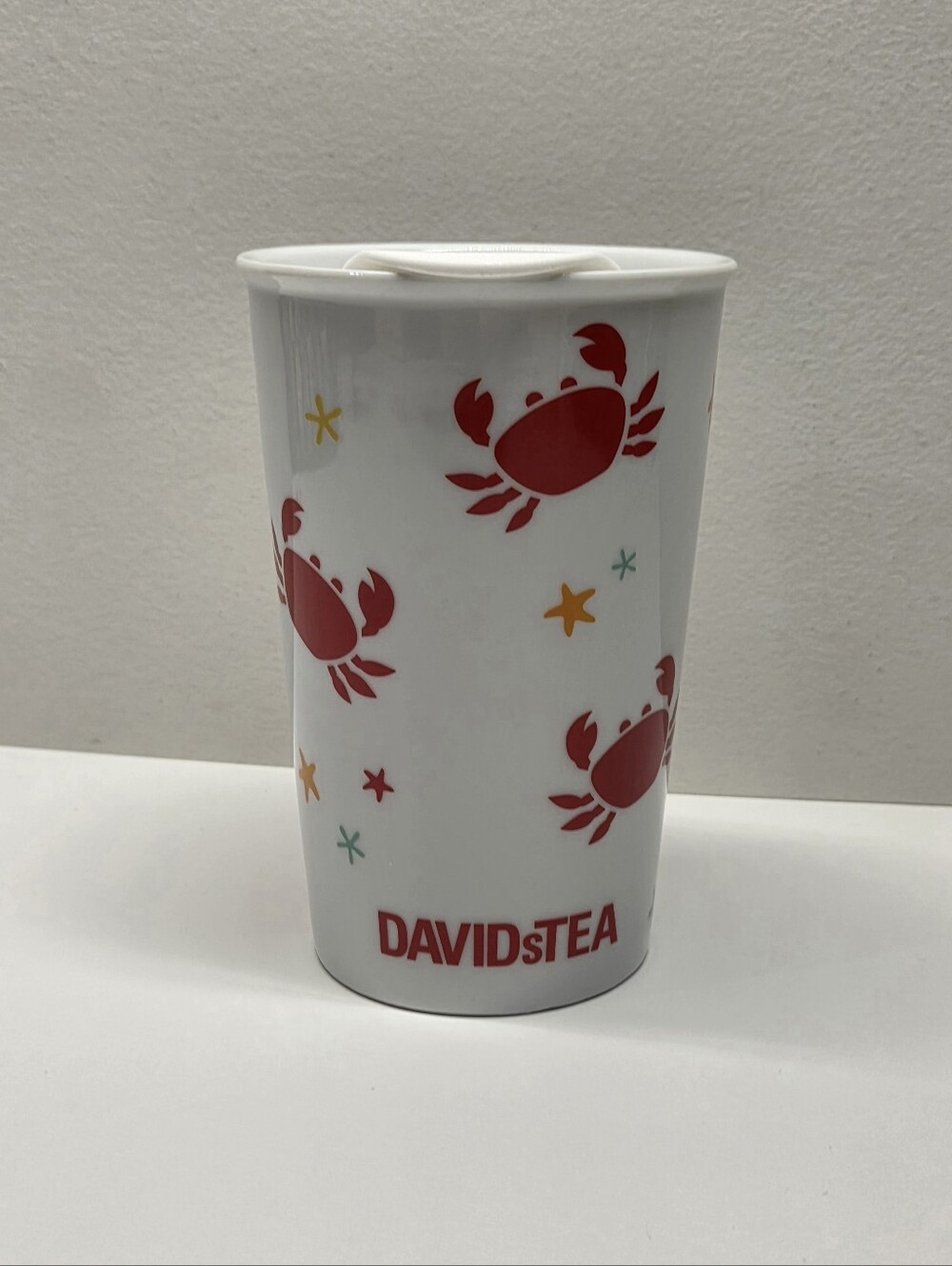 DAVIDsTEA Ceramic Travel Mug Tumbler 10oz White Red Crab Crabby With Lid